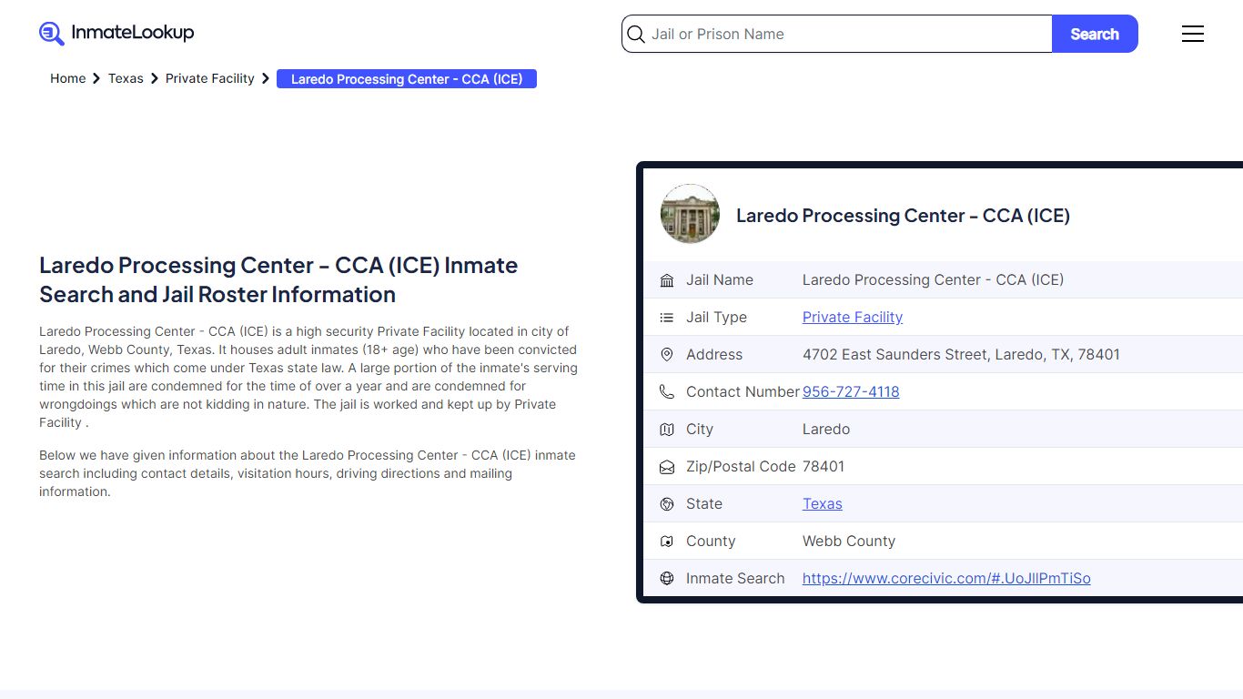Laredo Processing Center - CCA (ICE) Inmate Search, Jail Roster ...